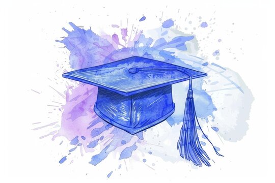 blue graduation cap on a white background with watercolor splashes Generative AI