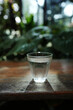 glass of water on wooden table with green lush background