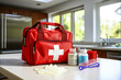 © Garnar - A home medical first aid kit alongside medication and water on a white table. On background, a kitchen full of natural light. Concept of at-home healthcare readiness