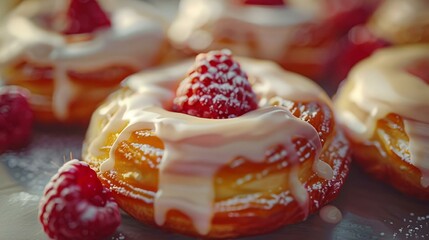 Poster - AI generated illustration of pastries adorned with raspberries displayed on a tray