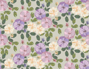 Wall Mural - Pattern of flowers, buds and leaves of roses in vintage style	
