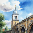 A church with a stone arch bridge. Watercolor illustration.