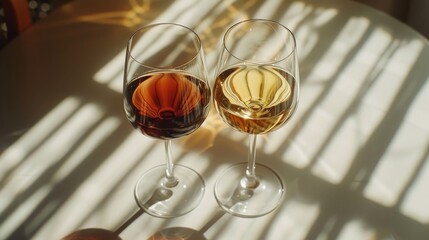 Wall Mural - Two wine glasses, one red and one white, sit on a table