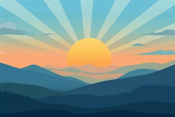 Wall Mural - Sunrise Landscape Flat Illustration, Color Dawn in Mountains, Sunset Sun Beams Landscape