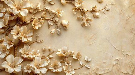 Sticker - 3D flower arrangement with gold elements on an old concrete wall 