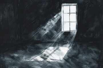 Wall Mural - Black and white illustration of sun shining through window. Suitable for various design projects