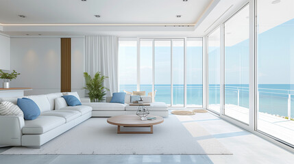 Modern white living room with large windows and sea view, minimalist interior design of modern home, luxury beach house in summer vacation for family relaxation or holiday on the ocean concept