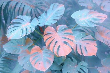 Wall Mural - Green and pink tropical monstera leaves creative layout, summer abstract background.