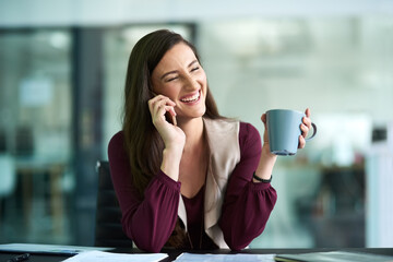 Canvas Print - Businesswoman, office and call on smartphone with coffee at desk for lunch break with happy. Creative writing, positive and notes for inspiration in France with professional editing or research.