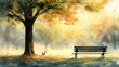 This watercolor painting captures a serene autumn scene in a park, with golden light filtering through the trees onto an inviting bench.