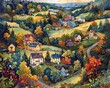 A watercolor painting of a picturesque countryside village, with houses nestled among vibrant autumn trees and rolling hills.