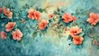 Delicate watercolor flowers in shades of coral and peach bloom amidst verdant leaves, set against a misty, ethereal backdrop.