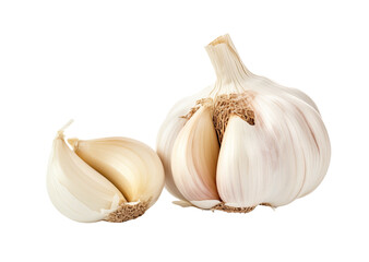 A whole garlic bulb with individual cloves peeled open, displayed on a transparent background. Generative AI
