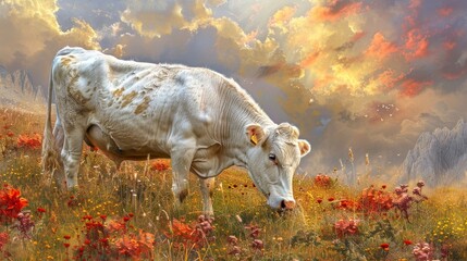 Wall Mural - Cow grazing peacefully in lush alpine meadow, surrounded by majestic alps mountain scenery