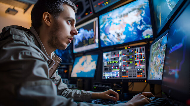 hombre ingeniero técnico controlando la información digital y monitoreando haciendo vigilancia en la red de tecnología de software mediante programación del sistema