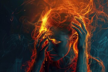 Wall Mural - A woman with her head engulfed in flames. Ideal for illustrating danger or crisis situations