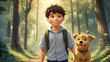 3d animation of a smiling boy walking through the forest with his dog