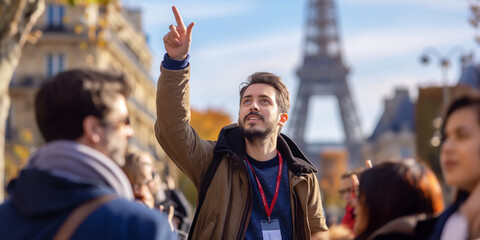 Tour guide leading a group of visitors to tourist attractions, giving them information and insights, pointing at local architecture in Paris, France.