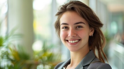 Portrait of a beautiful young business woman smiling at the camera. hyper realistic and natural colors 