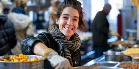 Young person serving hot food for homeless in community charity donation center. Volunteer at a soup kitchen, serving food with a warm and compassionate smile.