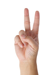 Wall Mural - a hand is show two (2) fingers spread out isolated in white background, forming a peace and victory 