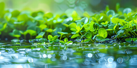 Wall Mural - plant in the water with green leaves, green leaves in the garden during summer under sunlight with bokeh, and water drop, representing the nature of green leaf in a park, suitable for a spring backgro