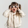 Photo of a schoolgirl girl with her mouth open in surprise, wearing glasses and fashionable clothing. A attention-grabbing surprised, shocked little fashionista.