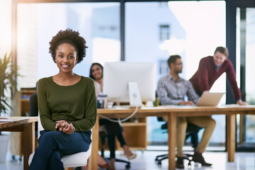Wall Mural - black woman, intern and portrait in office with colleagues, teamwork and collaboration. professional