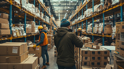 Three warehouse employees engage in logistical tasks within an industrial setting filled with high shelves of packed boxes.