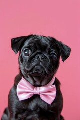 Wall Mural - A small black dog looking adorable in a pink bow tie, perfect for pet-related designs