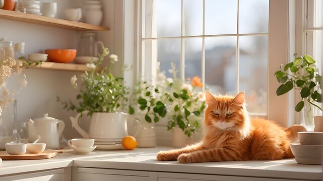 Imagine this cozy scene: In a sunlit corner of the kitchen, a fluffy orange cat basks in the warm glow of the sunshine streaming through the window. With eyes closed in contentment, it stretches out l