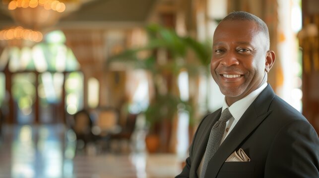 The picture of the mature caribbean male is smiling and working in the hotel as the hotel manager, the hotel manager require skills like customer service, management, knowledge and marketing. AIG43.