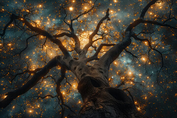 A cosmic tree made of ayahuasca vines, branches reaching into a starry sky,