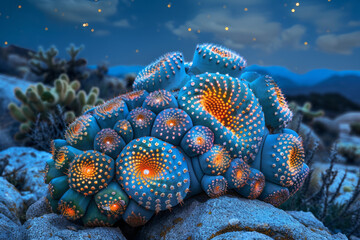 Aufkleber - Peyote cactus with vibrant, swirling patterns glowing under a starlit sky,