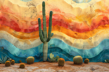 Poster - Peyote cactus in a desert landscape, surrounded by hallucinogenic color waves,