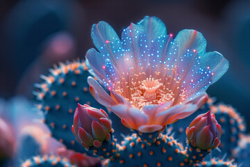 Poster - A glowing peyote cactus with neon pink and blue highlights, evoking a sense of wonder,