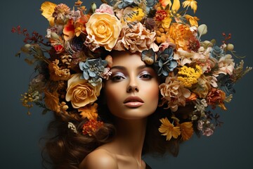 Art portrait of a girl with a big wreath of flowers on a gray background.