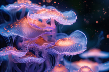 Leinwandbilder - Abstract representation of psychedelic mushrooms, their stems transforming into fluid glass-like structures,