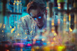 © Formoney - A man in a lab coat is looking at a bunch of beakers and test tubes