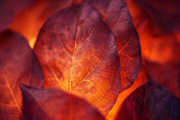 Poster - Abstract depiction of tobacco rustica leaves as flames, with fiery colors symbolizing their powerful energy,