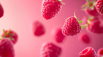Wall Mural - falling raspberries on light pink background, horizontal composition