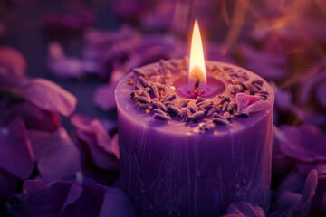 Canvas Print - A candle is lit in a purple flower bed