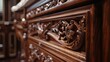 Detailed view of a custom-designed wooden bathroom cabinet, highlighting intricate carving details and a high-quality glossy finish