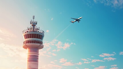 An airplane flying in the sky near a control tower.