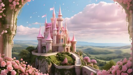 In a whimsical kingdom far away, nestled amidst rolling hills and lush gardens, stands a gorgeous pink princess castle. Its turrets reach towards the sky, adorned with shimmering banners and flutterin