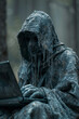 A figure in a digital camouflage hood, their face concealed behind a laptop connected to a global network,