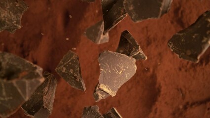 Poster - Super Slow Motion of Falling Group of chocolate pieces. Falling Down into Cocoa Powder. Filmed on High Speed Cinema Camera, 1000fps.