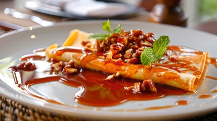 Sticker - Delicious crepes with caramel sauce and nuts on a white plate. Perfect for dessert menus. Appetizing sweet cuisine shot with a blurred background. AI