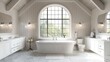 a large, elegant bathroom boasting an open layout adorned with two white cabinets and a double vanity, exuding sophistication through clean lines and bathed in natural light