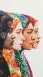 Profile view of young girls of different nationalities, ethnicities and skin colors, body care, multicultural young women, diversity and freedom and feminism concept, illustration